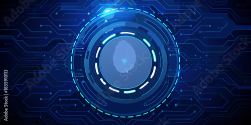 Futuristic technology background with fingerprint scan and circuit board pattern