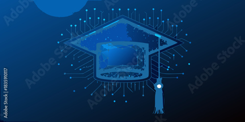 Digital education concept with graduation cap and circuit board design