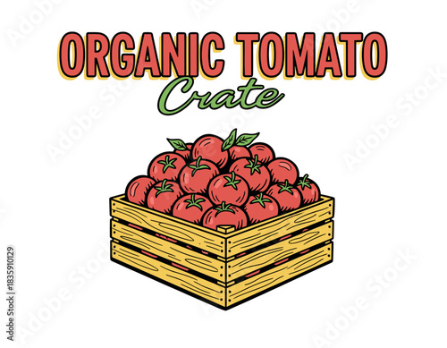 Organic Tomato Crate Sticker.Fresh Produce Badge Design.Vintage Tomato Box Vector.Retro Farm Market Label.Hand Drawn Vegetable Graphic
