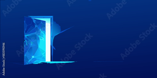 Abstract doorway with shattered glass and bright light on dark blue background