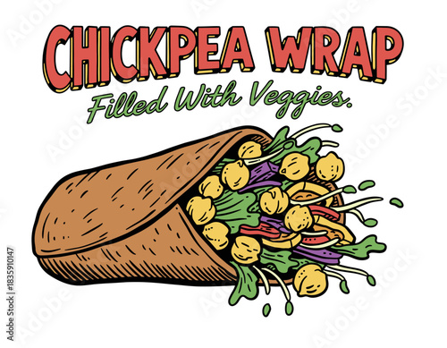 Chickpea Veggie Wrap Graphic.Healthy Food Wrap Illustration.Retro Vegan Burrito Art.Doodle Style Street Food.Fresh Sandwich Poster