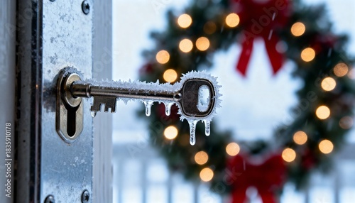 Frosty key in door lock with icicles and Christmas wreath background  