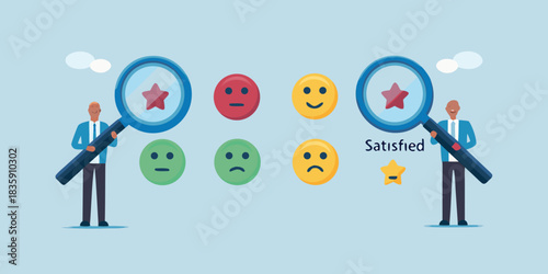 Customer satisfaction survey and feedback analysis with magnifying glass and happy faces