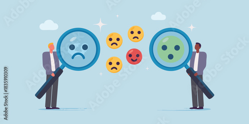 Analyzing customer feedback with magnifying glasses and emoji icons