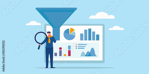 Data analysis and filtering concept with magnifying glass and funnel