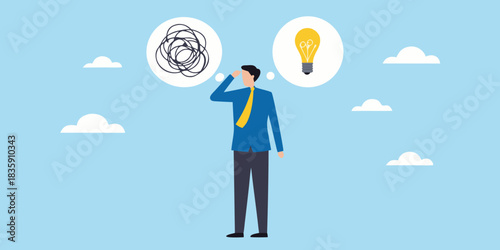 Businessman with confused thoughts finding a brilliant idea