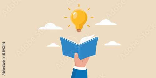 Reading a book and getting new ideas knowledge and inspiration concept