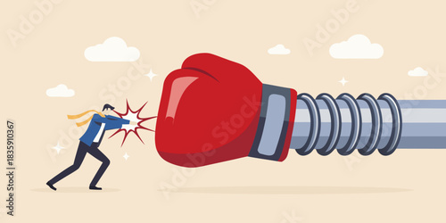 Overcoming challenges and obstacles businessman punching a giant boxing glove with spring arm