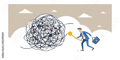 Businessman tackling a complex problem with a solution tool