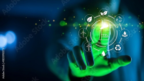 Hand holding lightbulb with eco-friendly icons surrounding it, representing innovative sustainable energy solutions