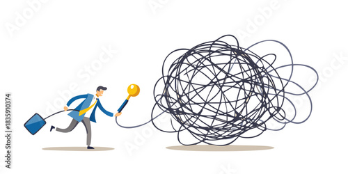 Businessman with key unraveling a tangled mess problem solving concept