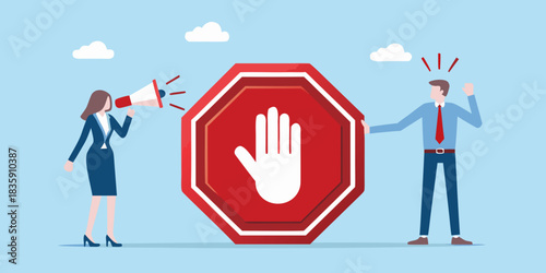 Business communication with stop sign megaphone and frustrated man illustration