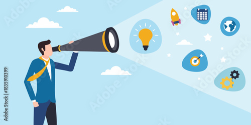 Businessman using telescope to visualize future goals and business strategy