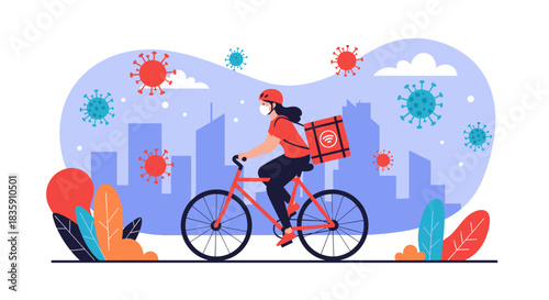 A masked delivery person rides a bicycle through a city skyline, providing essential services amidst visible virus particles.