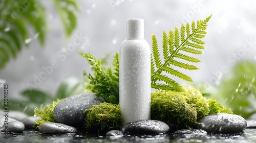 White Cosmetic Bottle with Green Fern and Moss on Wet Stones in Natural Spa Setting