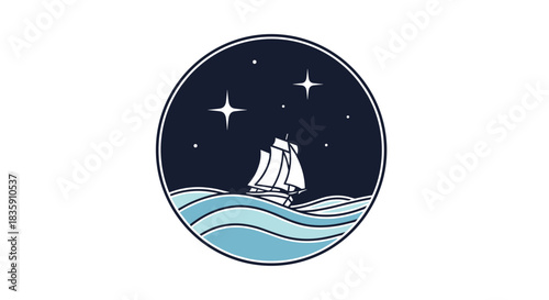 A stylized illustration depicting a vintage sailboat navigating a wavy ocean under a dark, star-studded night sky within a circular badge.