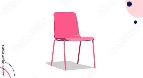A modern pink chair with sleek design stands isolated on a clean white background, accompanied by abstract decorative elements.