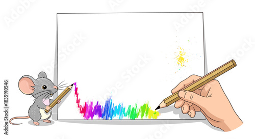 A charming cartoon mouse and a human hand collaborate to draw a vibrant, multi-colored wavy line on a white paper with pencils, symbolizing creativity.