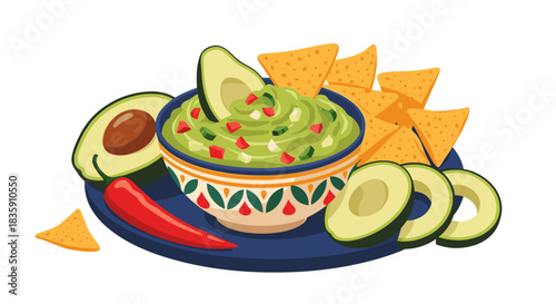 Colorful illustration of a bowl of fresh guacamole with avocado, red chili, and tortilla chips on a blue plate, perfect for snacks.