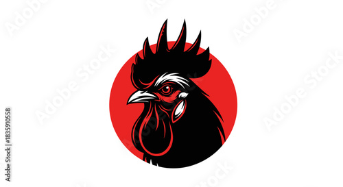 Intense black rooster head with a vibrant red comb and wattle, depicted in a bold graphic style within a circular emblem.