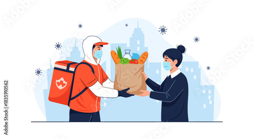 A masked delivery person provides grocery delivery to a masked customer in a city setting, highlighting safe service during a pandemic.