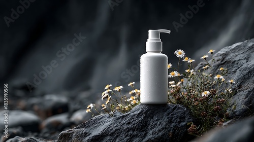 White Pump Bottle Surrounded by Small Daisies on Dark Rocky Surface