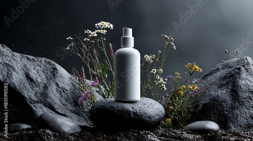 Minimalist White Spray Bottle with Wildflowers on Rocky Surface in Dark Atmosphere