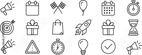 Business Management Icons Set, Marketing, Planning, Strategy, Time Management, Success, Target Achievement, Event Organization, Start Up and Celebration Outline Vector Illustration