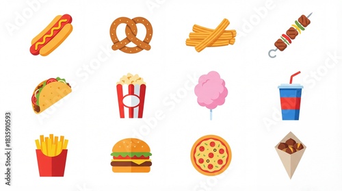 Dynamic Colorful Flat Design Vector Street Food & Snack Icons on White Background