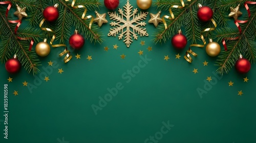 Merry Christmas and Happy Holidays greeting card, frame, banner. New Year. Noel. Golden and red Christmas ornaments on green background top view. Winter xmas holiday theme. Christmas tree ... See More