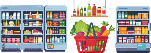 Grocery Shopping Collection Set: Full Fridge, Display Shelves, and Red Basket Filled with Fresh Vegetables and Healthy Foods.