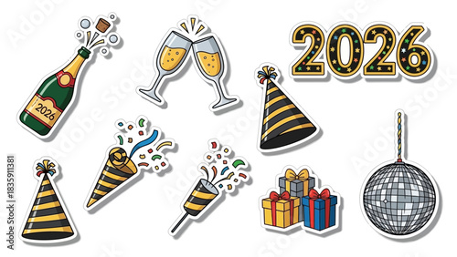 New Year's Eve 2026 celebration stickers with champagne, party hats, gifts, and disco ball.
