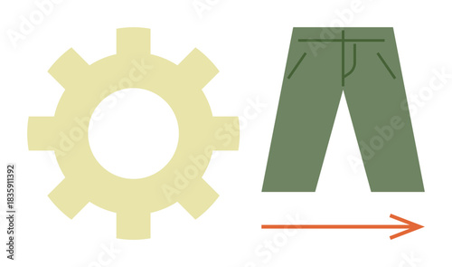 Cream gear beside green pants and orange arrow imply efficiency, production, and direction. Ideal for productivity, workflow, automation, progress, manufacturing apparel teamwork. Simple flat