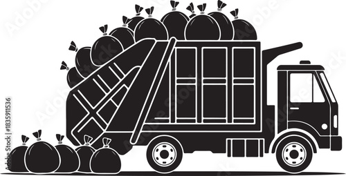 A black silhouette of a garbage truck overflowing with trash bags