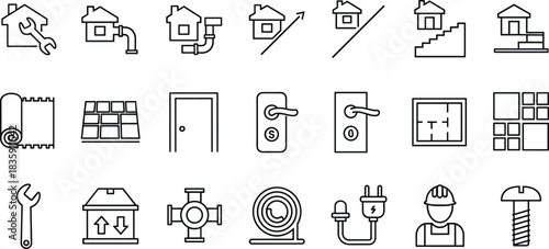 Home construction, repair, and renovation line icons set. Building service, plumbing, electricity, flooring, and DIY project vector elements.