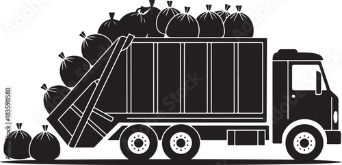 A black silhouette of a garbage truck overflowing with trash bags