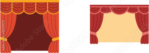 Luxury Theater and Stage Curtain Vector Icons Collection, Featuring Red Drapes, Gold Trim, Tassels, and Valances for Performance Design