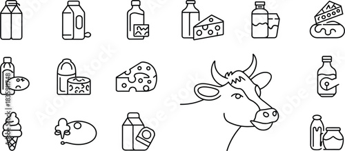 Milk and Dairy Products Line Icon Collection, Cow, Cheese, Yogurt, Butter, Ice Cream, Vector Set for Food and Farm Design.