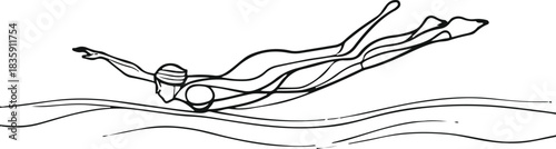 Minimal line art of a human figure swimming in calm water, created with a single flowing stroke and gentle wave lines 3