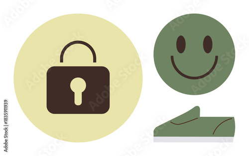 Lock inside a circle, smiling face, and checkmark illustrate security, positivity, and approval. Ideal for safety, consent, protection positivity success reliability confidence. Simple flat