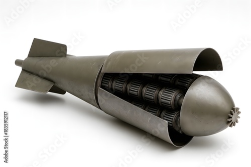 Half-Opened Deactivated Cluster Munition Shell — Inert Pods Exposed on White Background