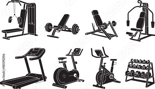 Black silhouette of gym equipment for fitness training isolated with Transparent Background
