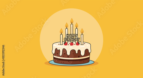 A beautifully decorated chocolate birthday cake with flickering candles and fresh cherries on top stands as a festive centerpiece on a warm yellow background.