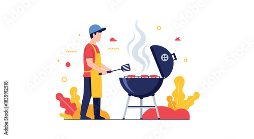 A man grilling burgers on a barbecue grill on a sunny day.