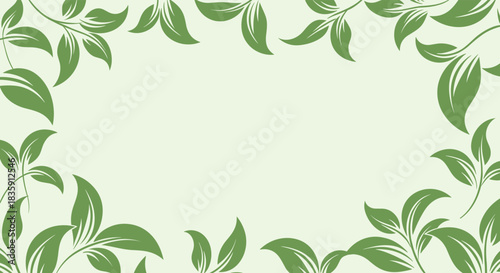 A delicate frame of green leaves and a light green background.