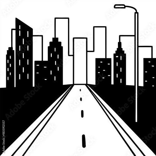 An empty city street stretches into the distance with a wide perspective