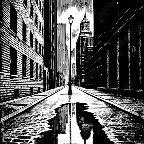 A wide empty city street stretches into the distance