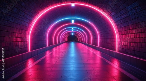 A futuristic tunnel glows with neon lights, creating a vibrant and immersive visual experience