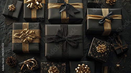 An overhead shot displays several wrapped black presents adorned with gold and black ribbons
