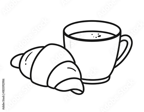 Simple Line Art of Croissant and Coffee Cup.
